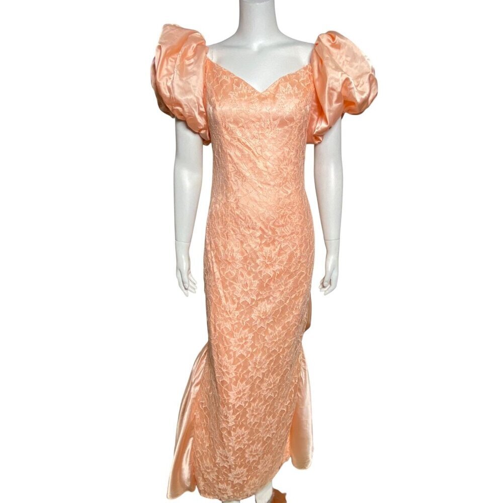 Vintage 80s Prom Dress Gown Peach Puff Sleeves Lace Overlay Butt Bow Size 10